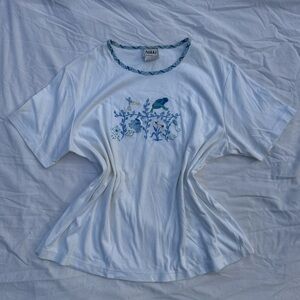 White Tee with Blue Floral Design